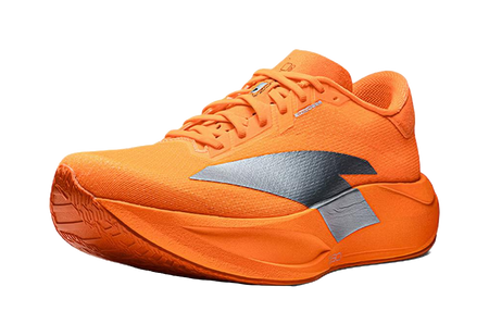 Orange running shoes with blue side logo, lace-up mesh upper, cushioned sole.