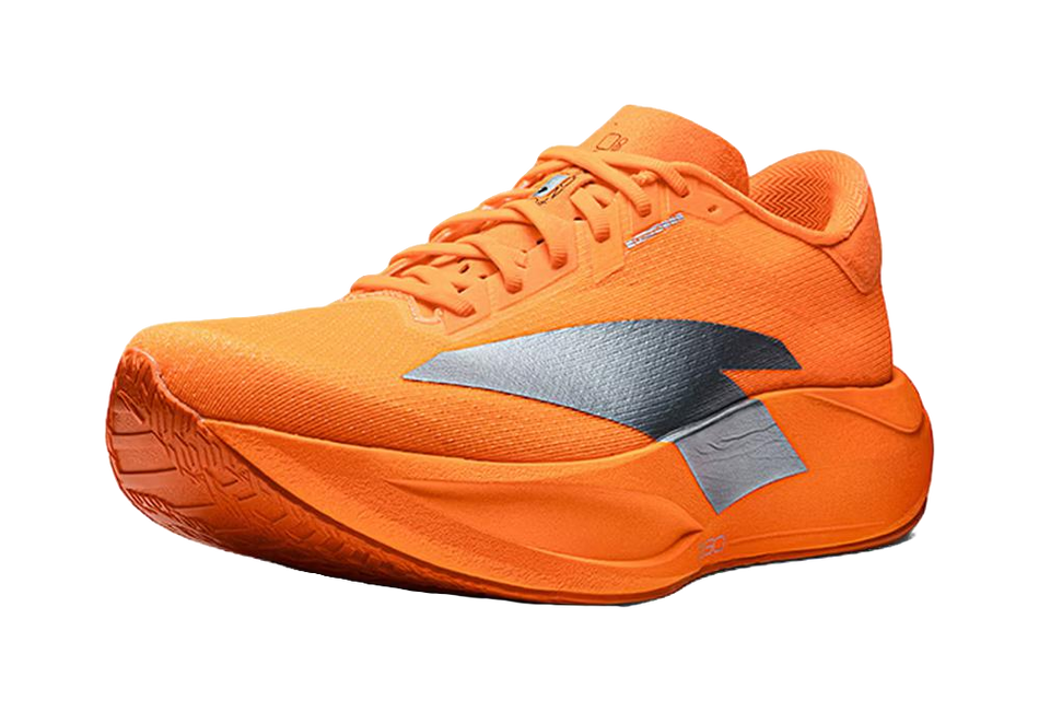 Orange running shoes with blue side logo, lace-up mesh upper, cushioned sole.