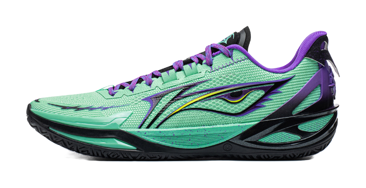 Li-Ning Liren 6 V2 low basketball shoe side view with mint mesh, purple laces, and black sole