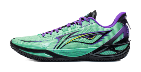 Li-Ning Liren 6 V2 low basketball shoe side view with mint mesh, purple laces, and black sole