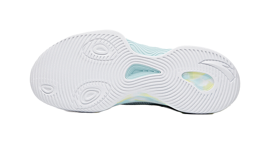 White rubber outsole with traction grooves and blue-green accent panels