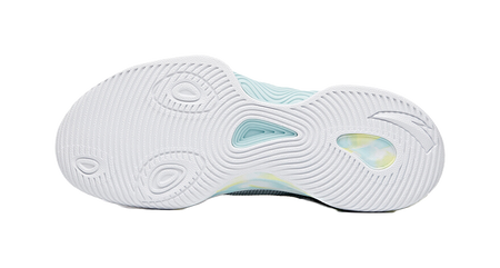White rubber outsole with traction grooves and blue-green accent panels