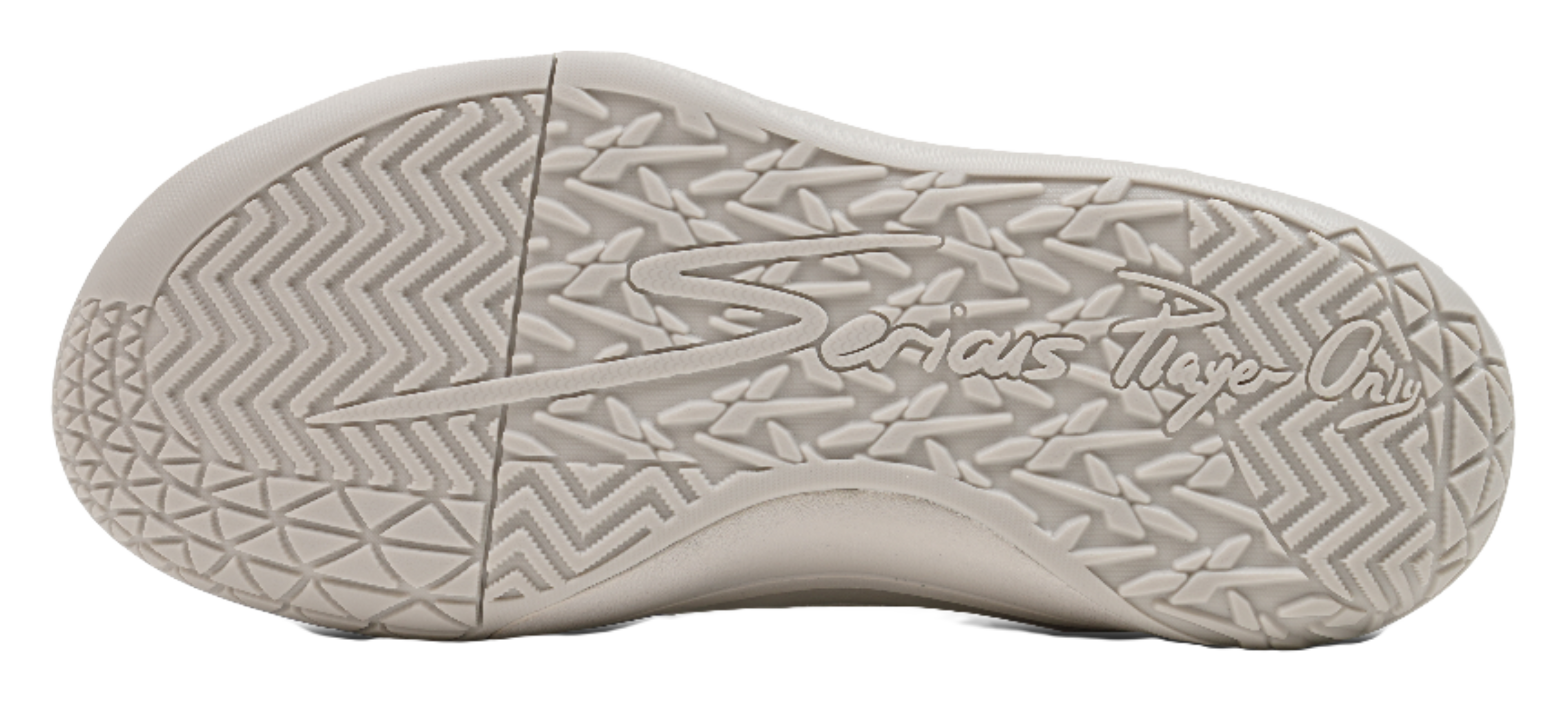 Basketball shoe outsole with textured tread pattern on light gray rubber sole