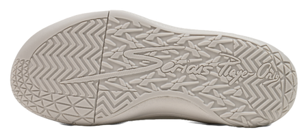 Basketball shoe outsole with textured tread pattern on light gray rubber sole