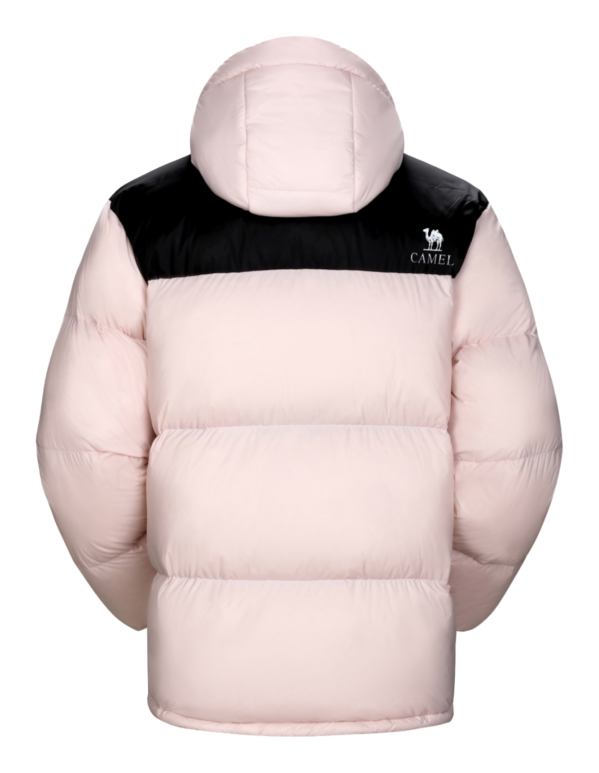 Unisex hooded puffer down jacket in pink with black upper panel and front zipper