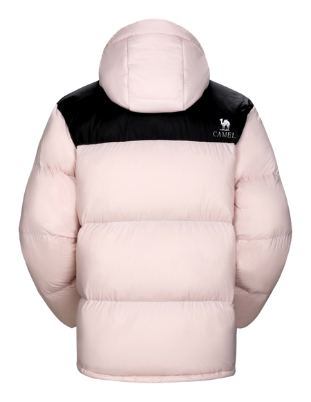 Unisex hooded puffer down jacket in pink with black upper panel and front zipper