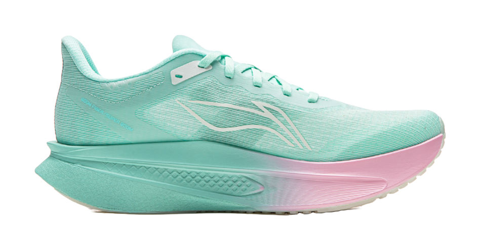 Men's low-top running shoes, light blue upper with mint-green outsole and side logo