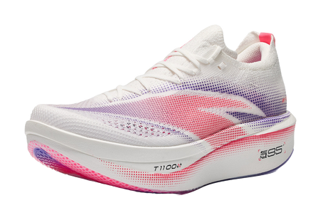 Low-cut running sneaker in white and purple with red-blue side stripe, knit upper