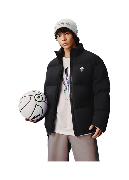 Black puffer down jacket with stand collar and zip front, worn over hoodie