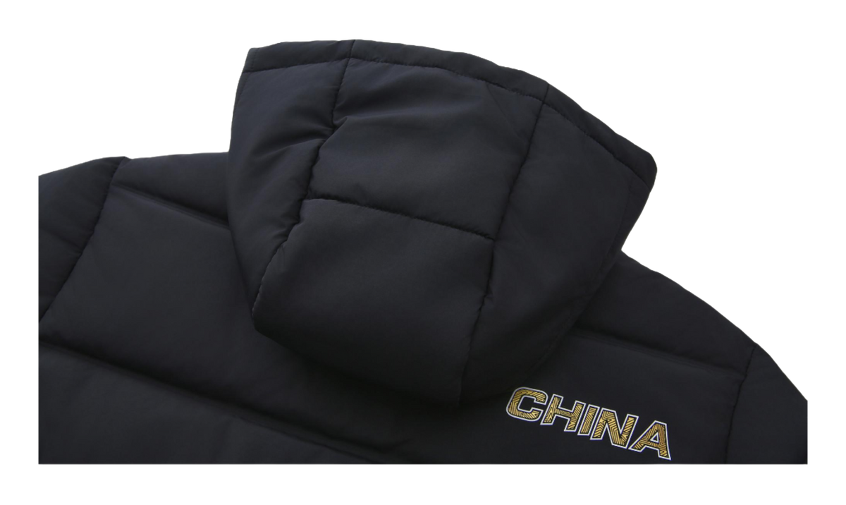 Black long down jacket hood detail with CHINA lettering