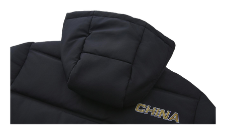 Black long down jacket hood detail with CHINA lettering