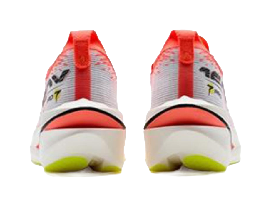 Marathon racing shoes, rear view: red collar accents, white heel, lime outsole edge
