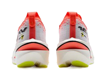 Marathon racing shoes, rear view: red collar accents, white heel, lime outsole edge