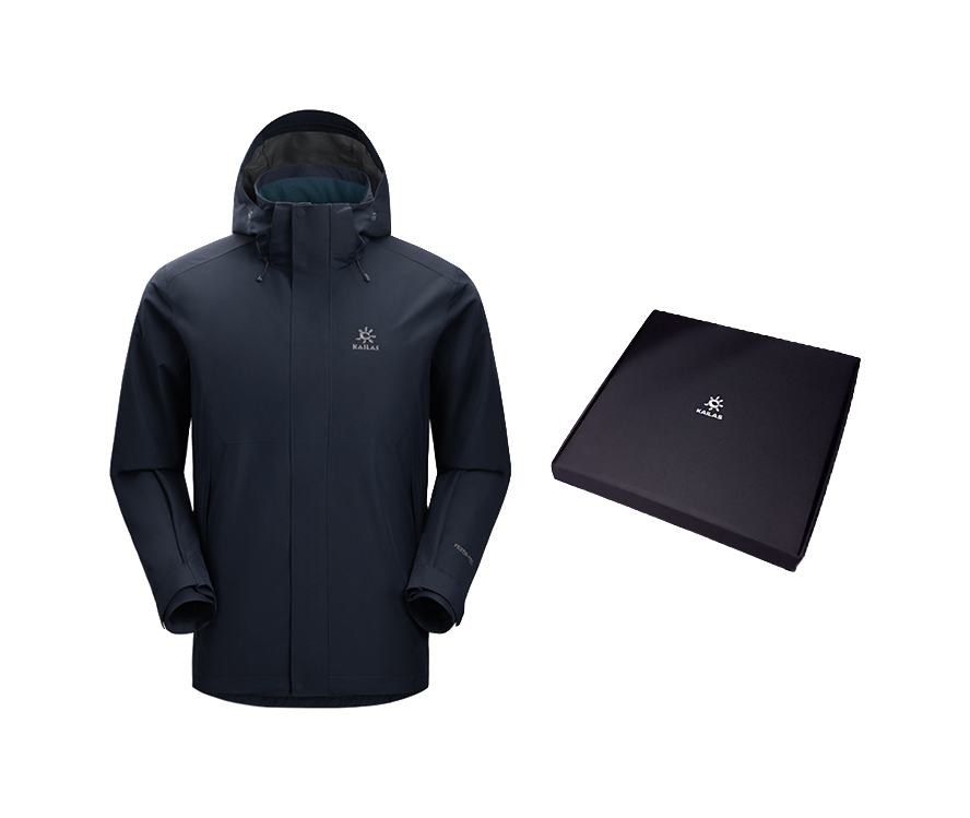 Men's hooded windbreaker jacket in dark navy with full zipper and included branded box
