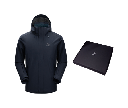 Men's hooded windbreaker jacket in dark navy with full zipper and included branded box