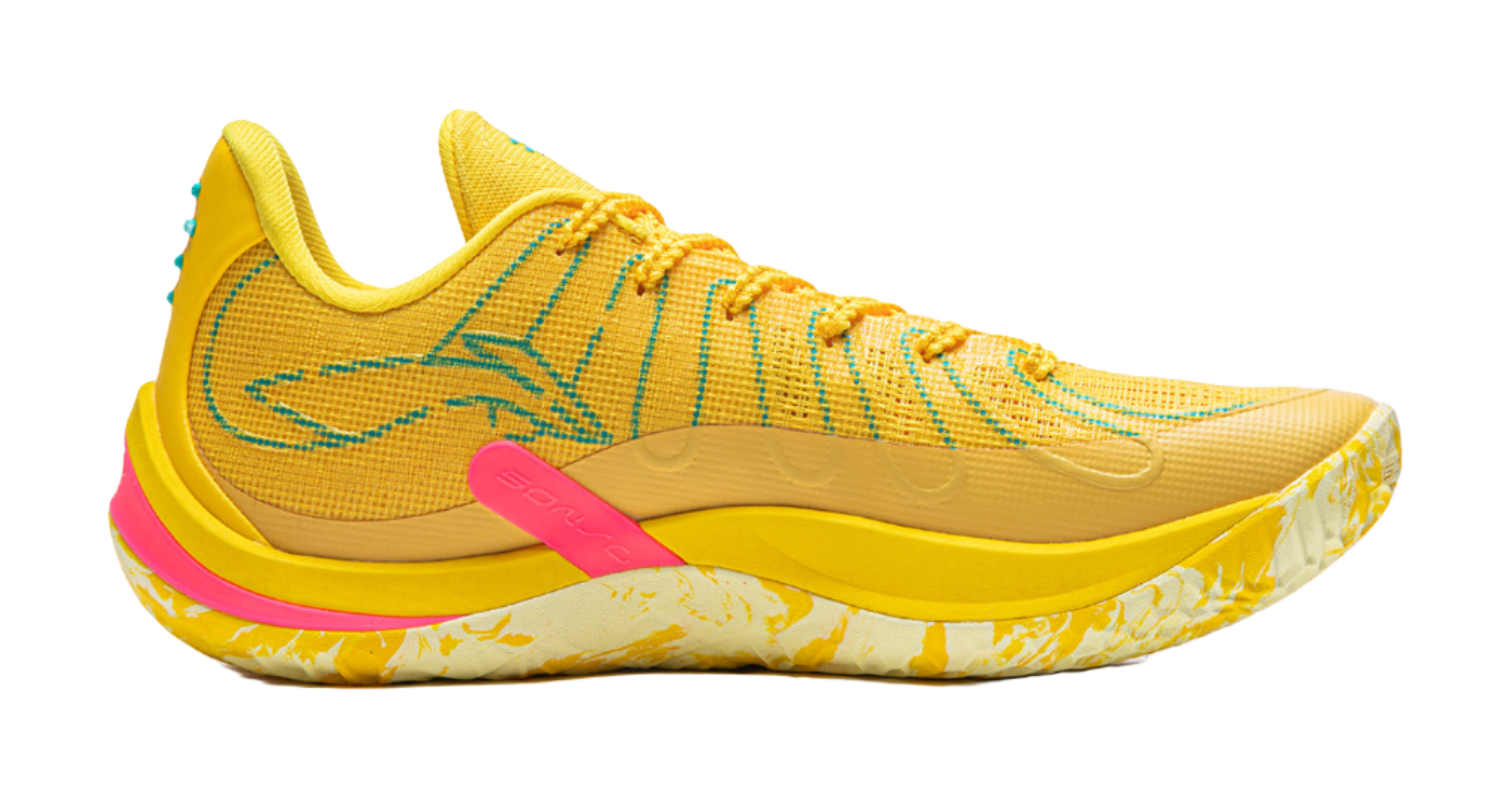 Lemon yellow low-top basketball shoe with lace-up closure and green side graphic