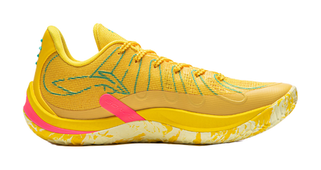Lemon yellow low-top basketball shoe with lace-up closure and green side graphic