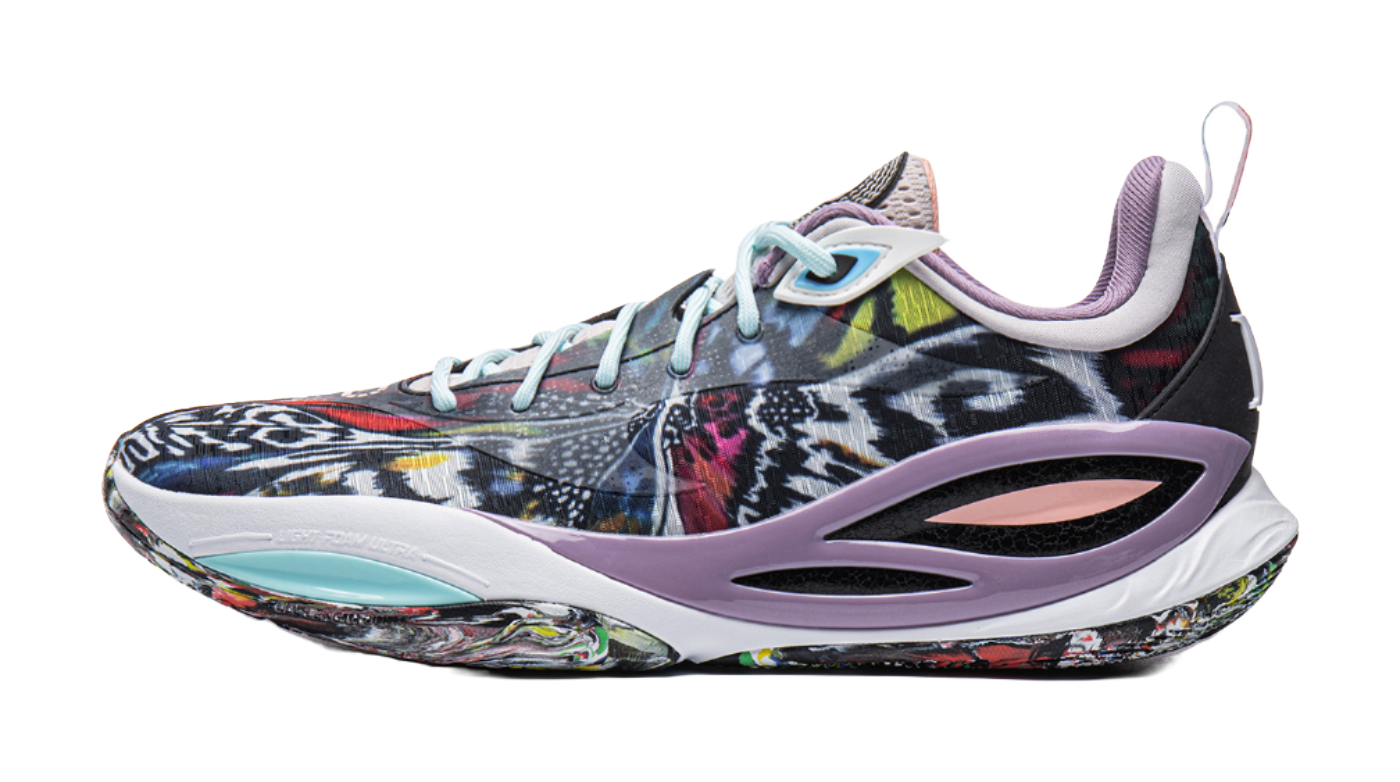 Basketball shoe with multicolor abstract upper, light blue laces, purple heel