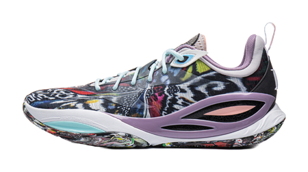 Basketball shoe with multicolor abstract upper, light blue laces, purple heel