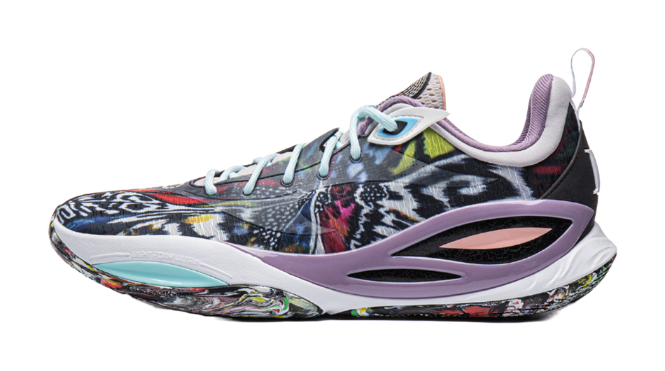 Basketball shoe with multicolor abstract upper, light blue laces, purple heel