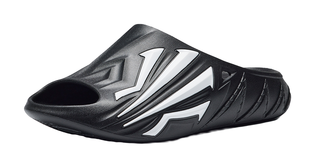 Men's black slide sandals with white angular logo details and sculpted toe strap