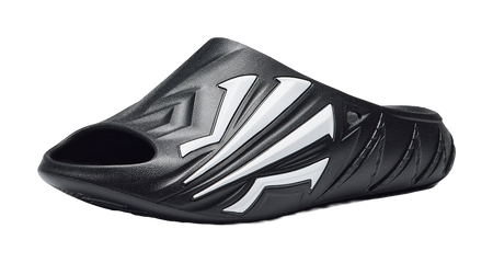Men's black slide sandals with white angular logo details and sculpted toe strap
