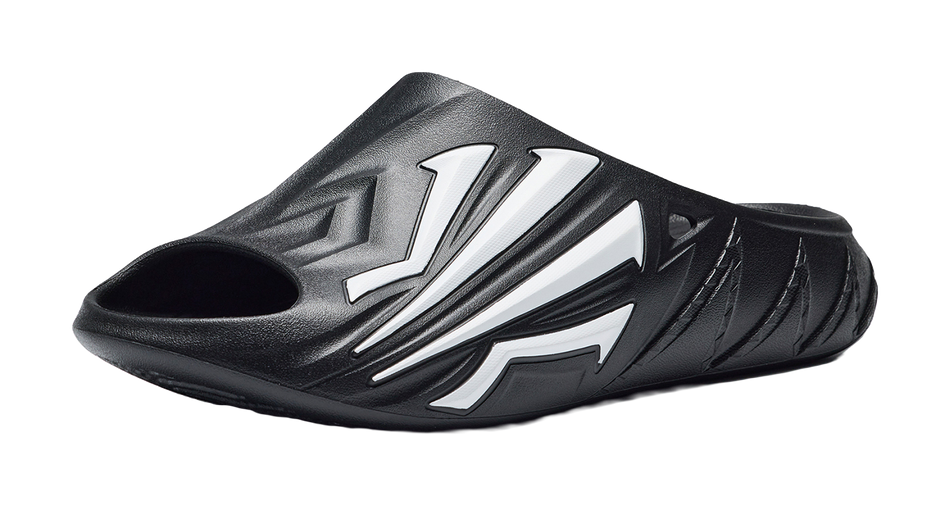 Men's black slide sandals with white angular logo details and sculpted toe strap