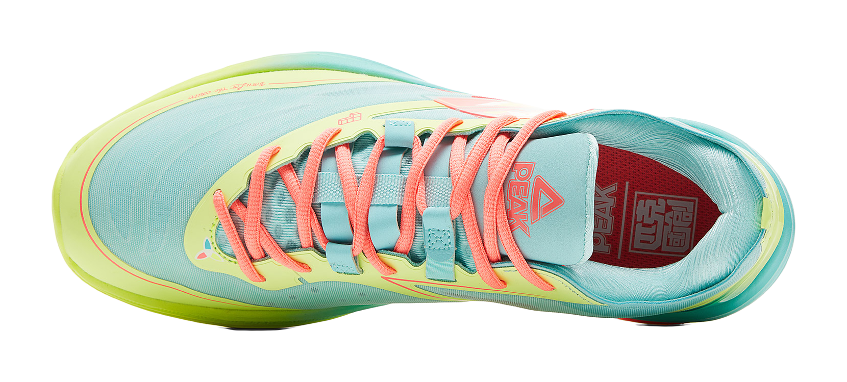 Lightweight basketball shoe heel and tongue, ice blue with coral laces and red interior lining
