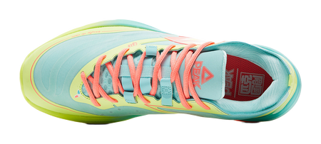 Lightweight basketball shoe heel and tongue, ice blue with coral laces and red interior lining