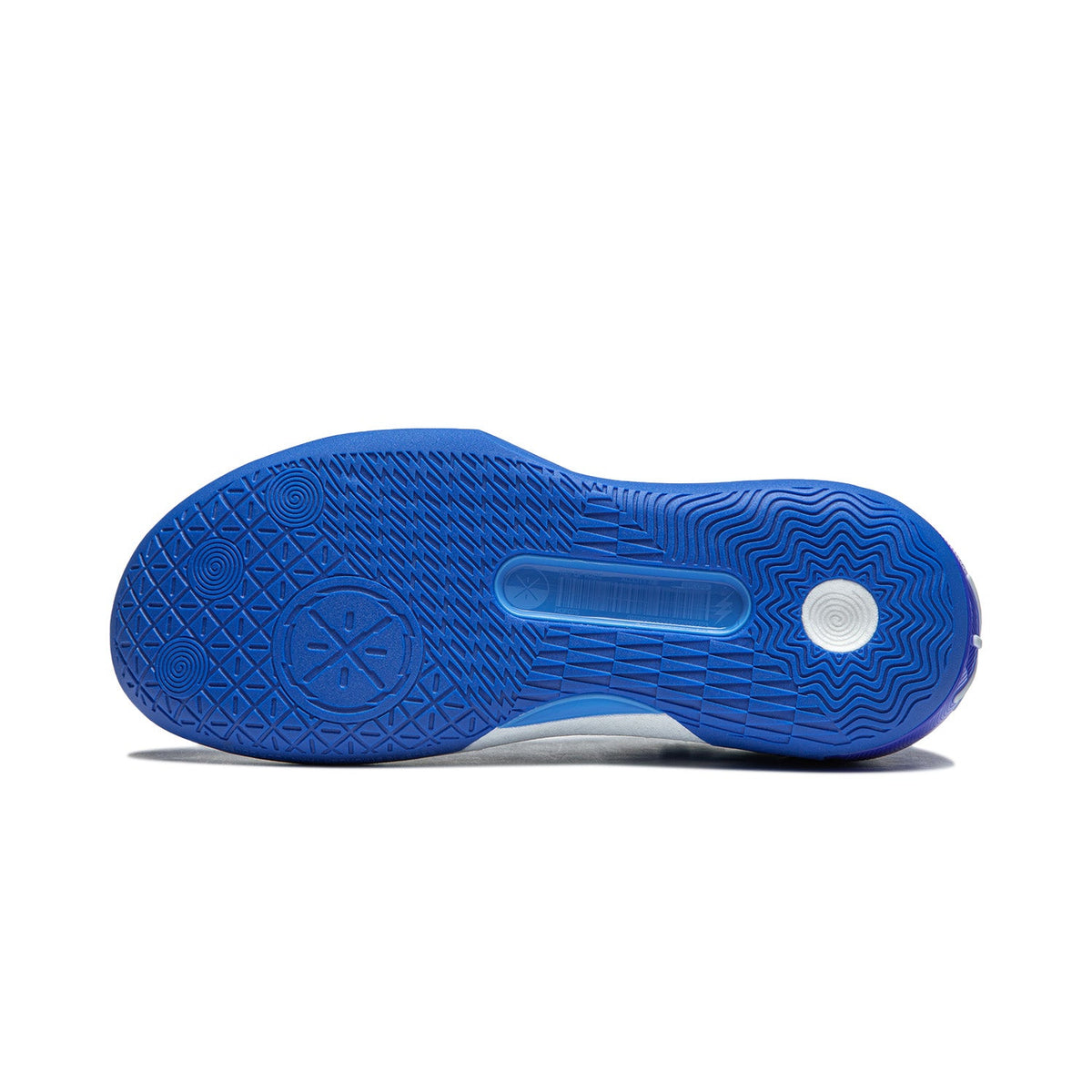 Men's basketball shoe bright blue; outsole view with textured traction pattern and circular logo