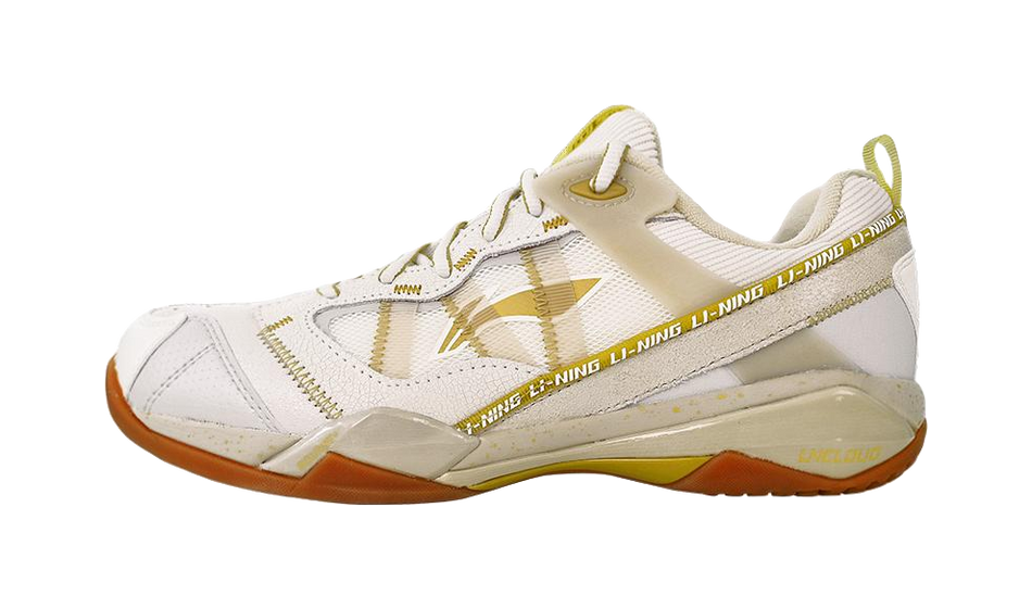 Li-Ning Invincible ACE badminton shoe, white upper with gold accents and brown sole