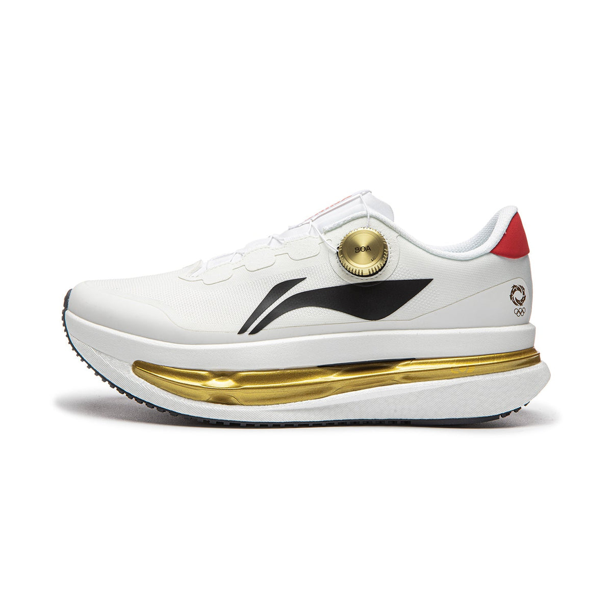 Men's white running shoes with black side stripe, gold BOA dial, red heel accent