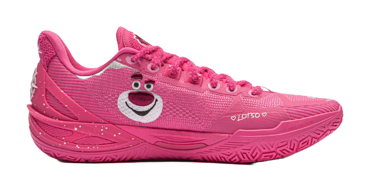 Pink low-top basketball shoe with Lotso face graphic and heart details on the side.