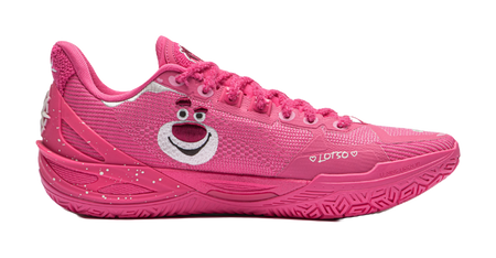 Pink low-top basketball shoe with Lotso face graphic and heart details on the side.