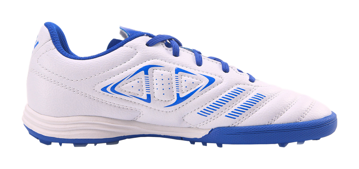Unisex training soccer shoe side view, white upper with blue accents and cleat sole