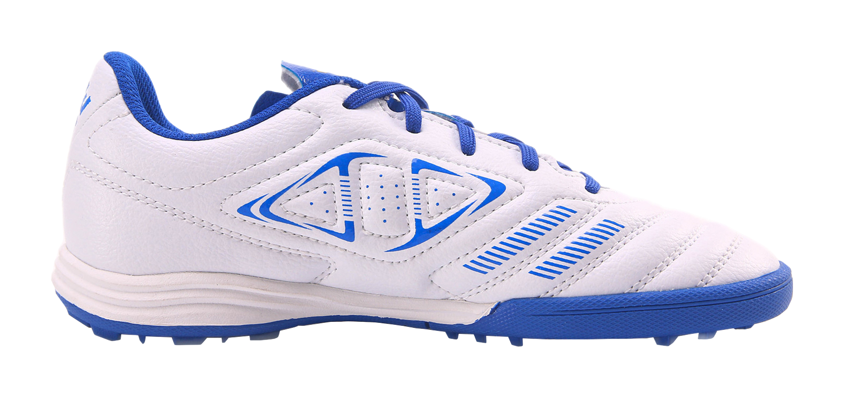Unisex training soccer shoe side view, white upper with blue accents and cleat sole