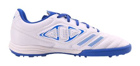 Unisex training soccer shoe side view, white upper with blue accents and cleat sole