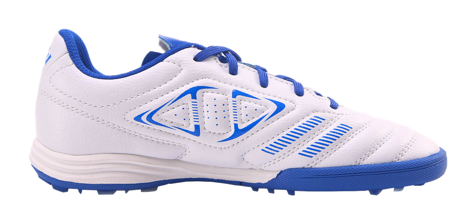 Unisex training soccer shoe side view, white upper with blue accents and cleat sole