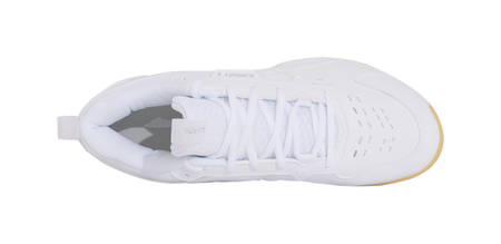 Li-Ning badminton shoe, white upper top view with laces and side stitching