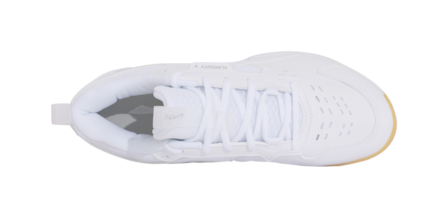 Li-Ning badminton shoe, white upper top view with laces and side stitching