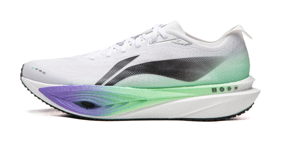 White and green running shoe, black side stripe accents, laced knit upper, thick sole