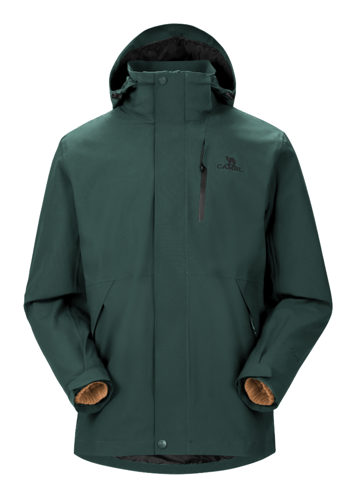 Dark olive green waterproof hooded jacket with front zipper and drawstring, long sleeves