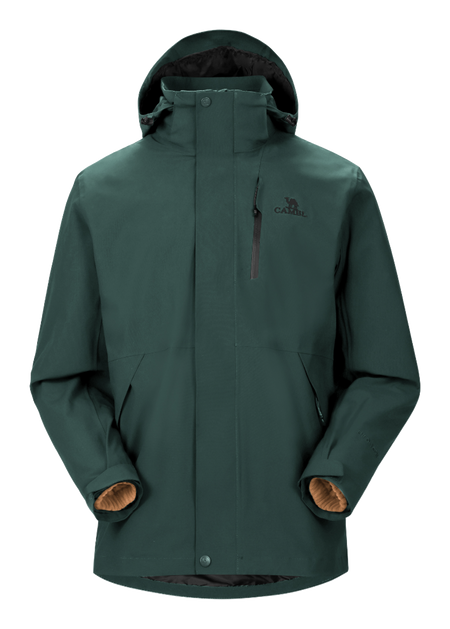 Dark olive green waterproof hooded jacket with front zipper and drawstring, long sleeves