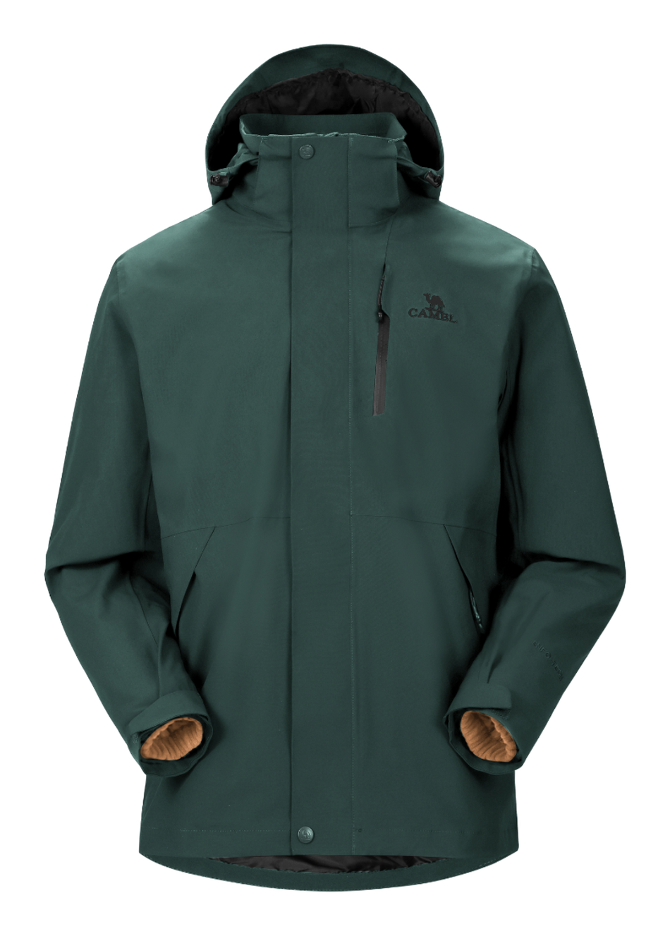 Dark olive green waterproof hooded jacket with front zipper and drawstring, long sleeves