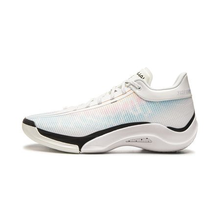 Men's basketball shoes with white knit upper, blue tint, and black trim