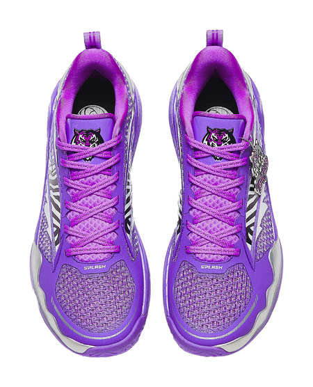 Purple lace-up basketball shoes with textured mesh panels and logo at the tongue.