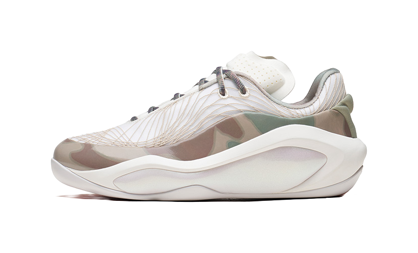 Men’s basketball shoes with light white upper and gray camo-style accents, thick sole