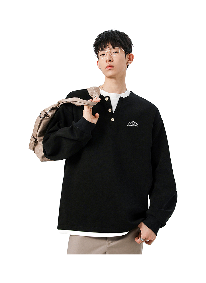 Warrior Revival Wind and Wave Series American Trendy College Style Letter Print Color Contrast Splicing Fake Two Piece Loose Casual Versatile Hoodie Bottom Wear Warm Henley Collar Long Sleeve T-shirt Unisex  vjsneaker.com