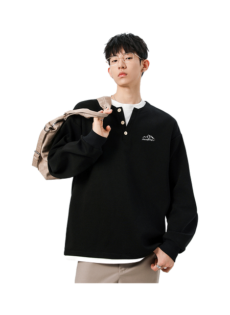 Warrior Revival Wind and Wave Series American Trendy College Style Letter Print Color Contrast Splicing Fake Two Piece Loose Casual Versatile Hoodie Bottom Wear Warm Henley Collar Long Sleeve T-shirt Unisex  vjsneaker.com