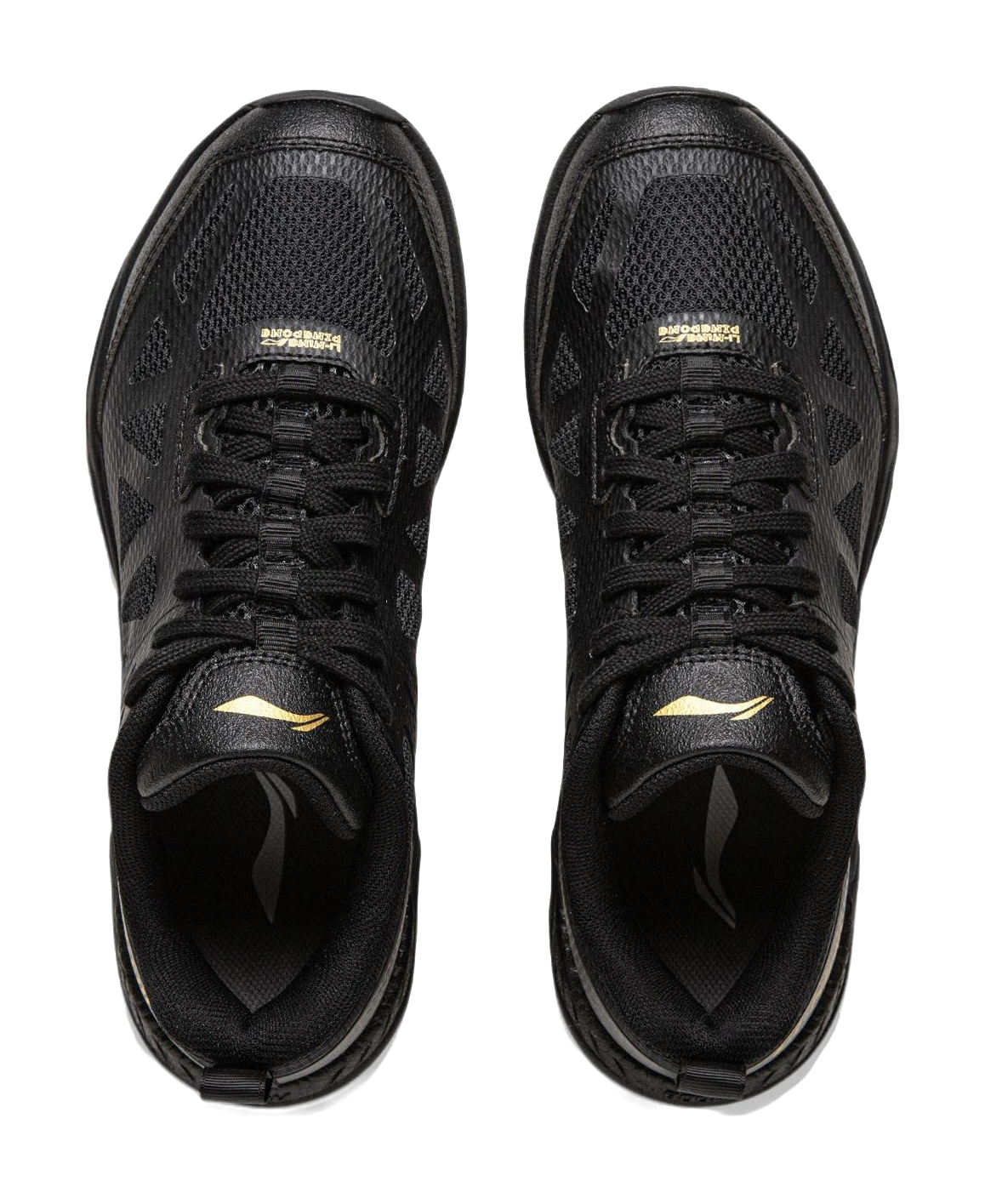 Li-Ning table tennis shoes, black uppers with perforated panels and gold logo accents